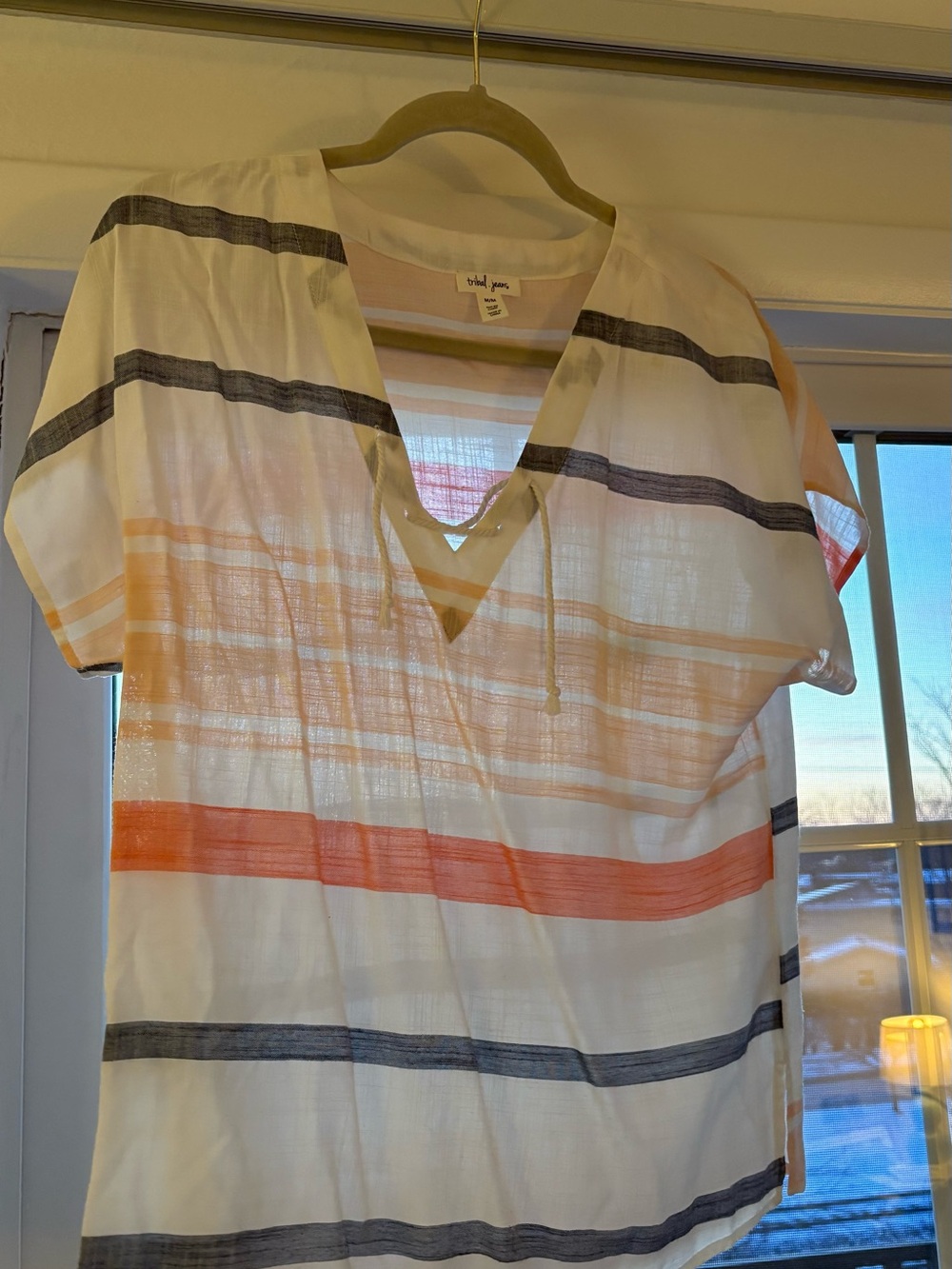 Striped V-Neck Tunic Top in White, Orange & Gray